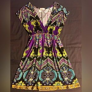 extra edition Abstract Paisley Purple & Green Deep V Summer Dress - M/L